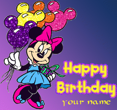 Photo of write your name on GIF happy birthday card with minnie mouse