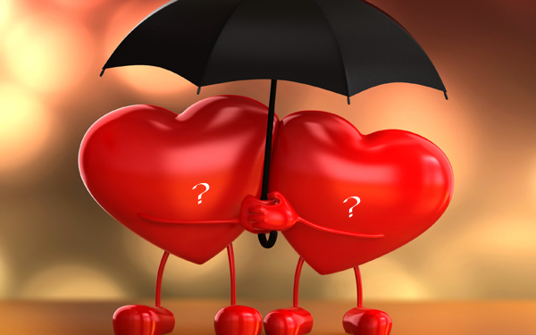 Photo of write yours characters on two hearts under love umbrella