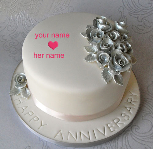 Photo of write name happy anniversary cake silver cake