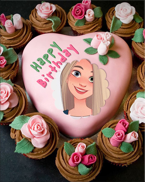 Happy Birthday cake Photo frame pink heart shaped cake - Happy Birthday cake Photo frame pink heart shaped cake