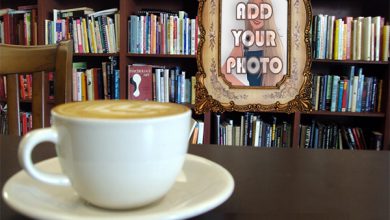 Photo of coffee at library mug photo frame