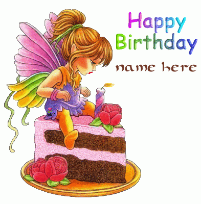 Photo of write your name on animated happy birthday cake with angel