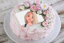 Happy Birthday Cake Photo Frame cream and roses decoration 220x150 - write your name on loving you gif