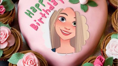 Photo of Happy Birthday cake Photo frame pink heart shaped cake
