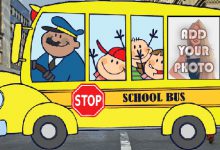 yellow school bus kids cartoon photo frame 220x150 - write your name on GIF card wishing to you happy birthday