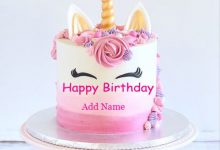 add name on unicorn birthday cake photo 220x150 - Happy birthday cake Photo Frame white cream and red hearts