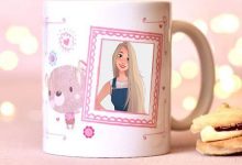 add your photo on cute mug holding your photo 220x150 - write your name on happy birthday to you cake